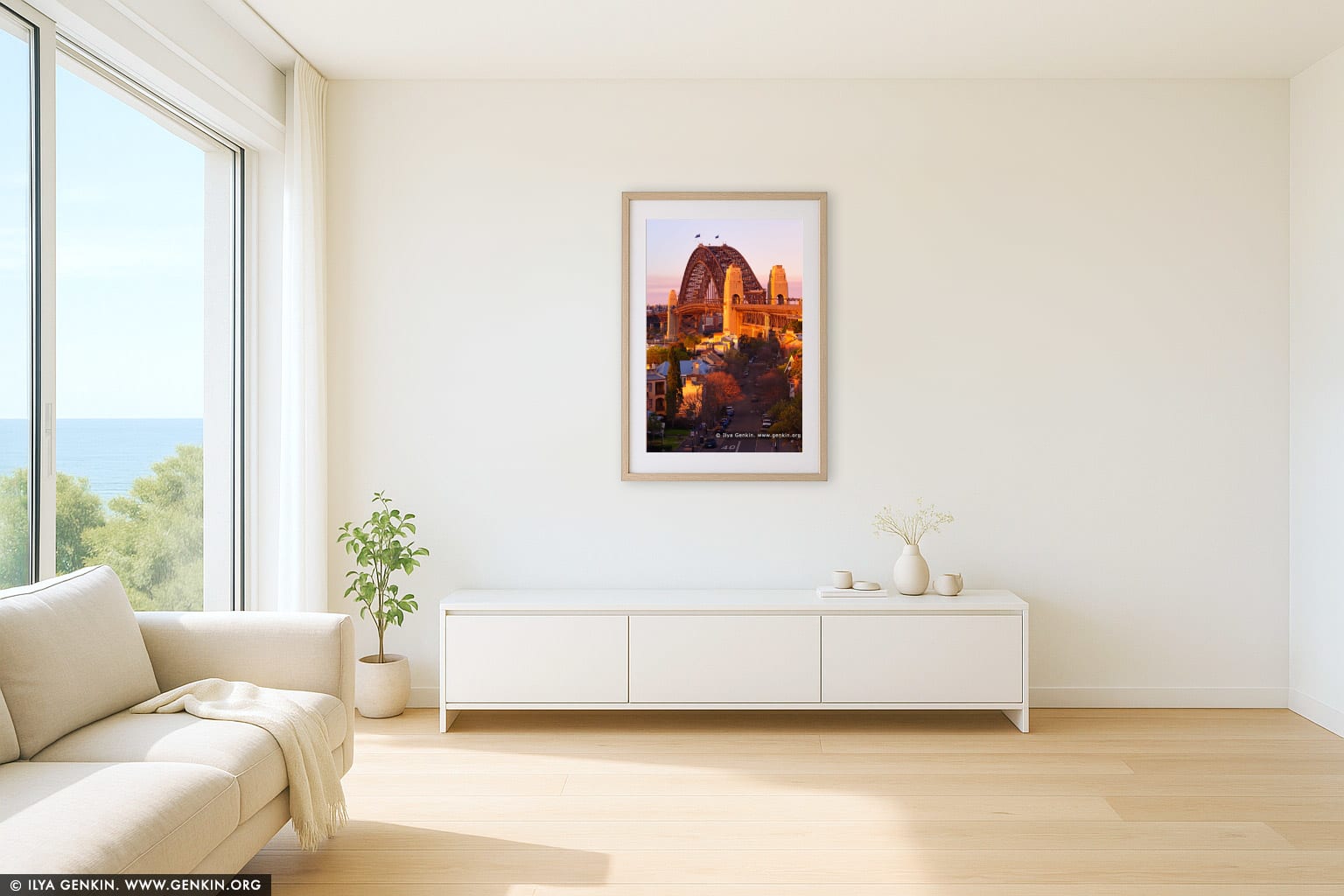 Sydney Harbour Bridge in the Evening from Observatory Hill wall art in a luxury living room interior