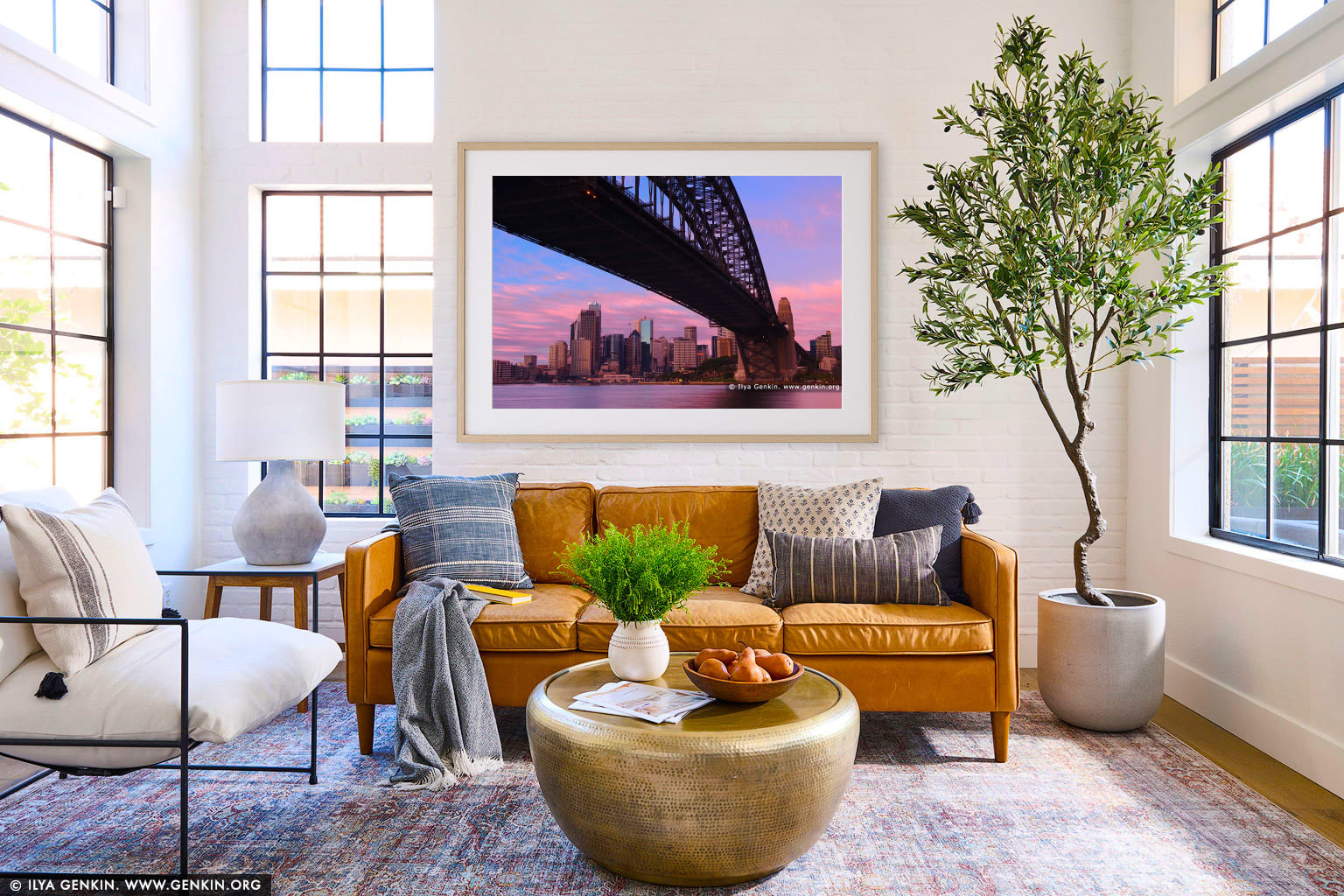 Vivid Twilight at Sydney Harbour Bridge wall art in a modern living room interior