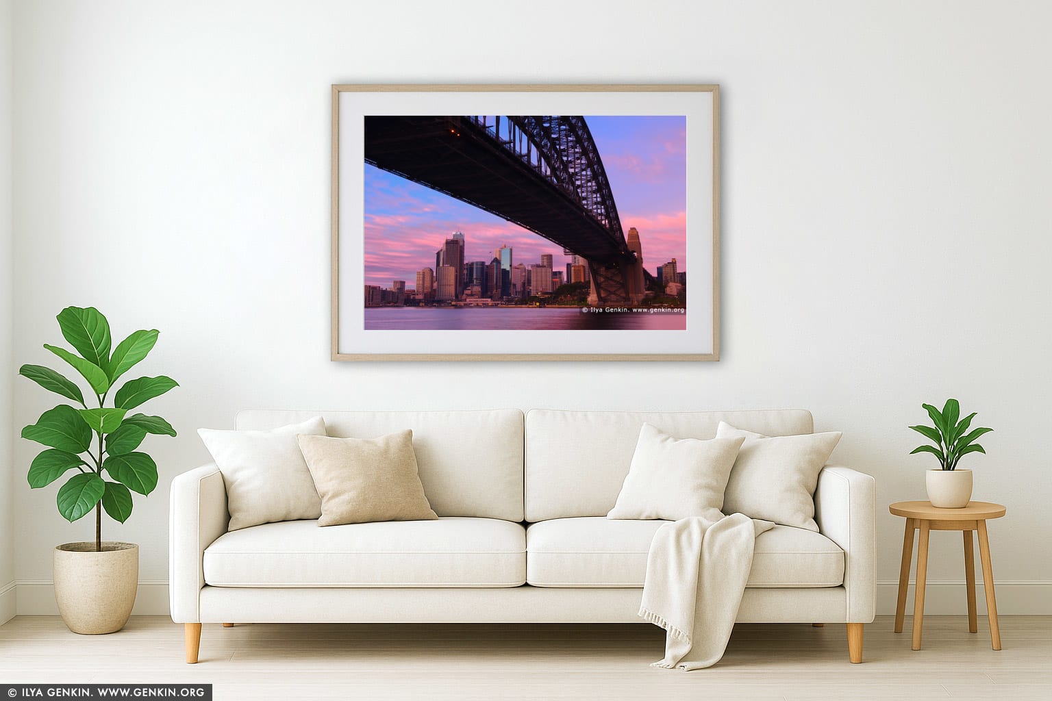 Vivid Twilight at Sydney Harbour Bridge wall art in a luxury living room interior