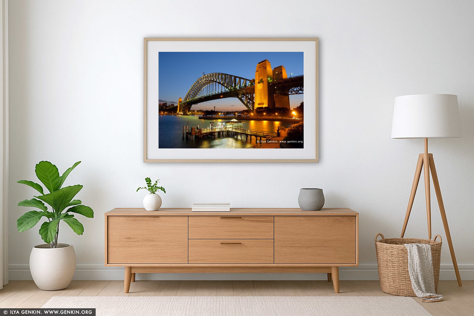 Harbour Bridge from Kirribilli after Sunset wall art in a minimalist living room interior
