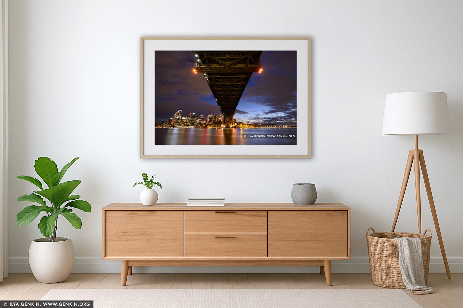 Under The Harbour Bridge at Night wall art in a modern living room interior