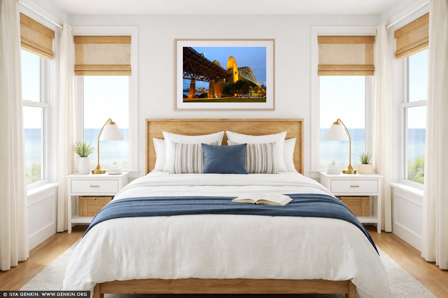 Sydney Harbour Bridge at Twilight from Bradfield Park wall art in a bedroom interior