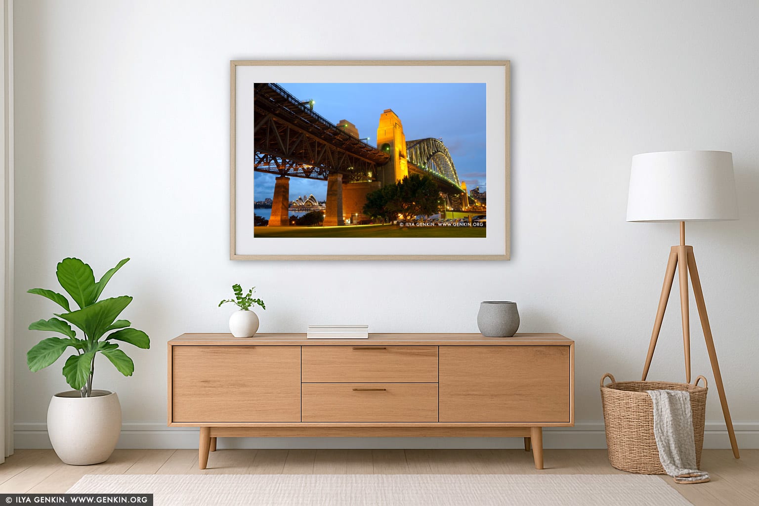Sydney Harbour Bridge at Twilight from Bradfield Park wall art in a contemporary living room interior