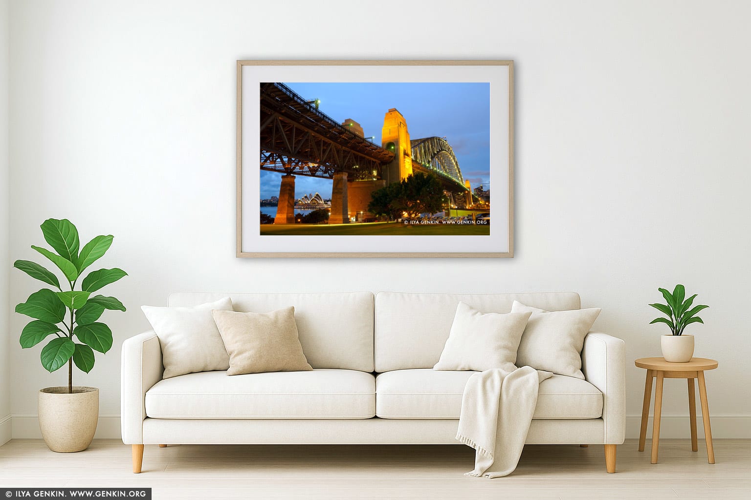Sydney Harbour Bridge at Twilight from Bradfield Park wall art in a luxury living room interior