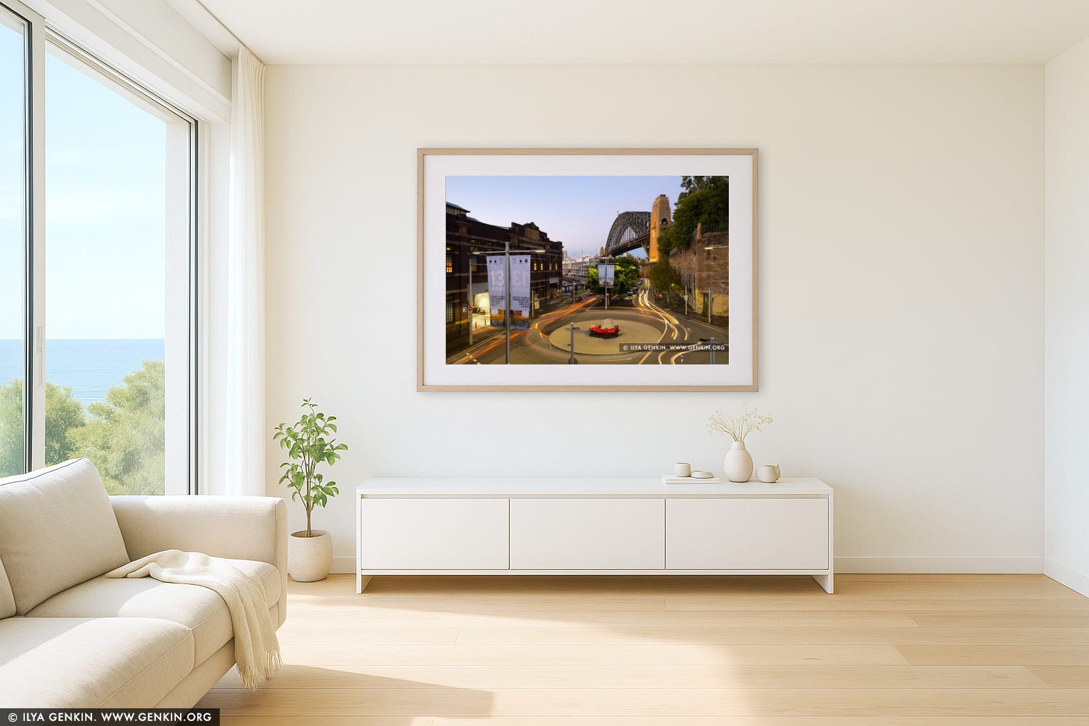 Sydney Harbour Bridge at Dusk from Finger Wharf wall art in a contemporary living room interior