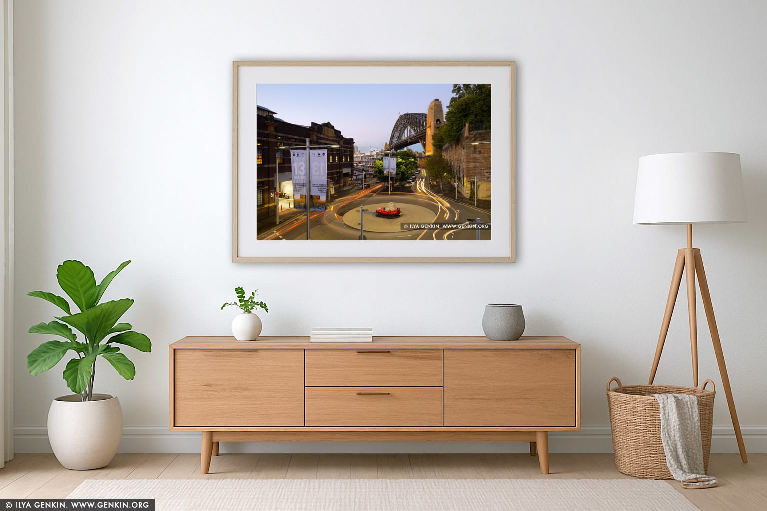 Sydney Harbour Bridge at Dusk from Finger Wharf wall art in a minimalist living room interior