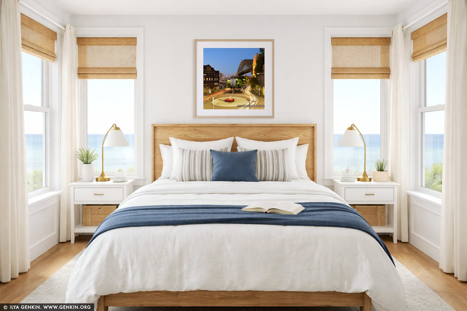 Harbour Bridge at Night from The Wharf Theatre wall art in a bedroom interior