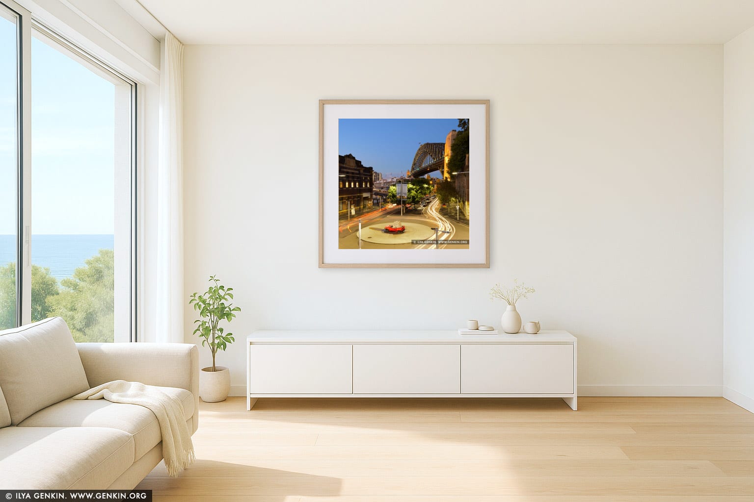 Harbour Bridge at Night from The Wharf Theatre wall art in a minimalist living room interior