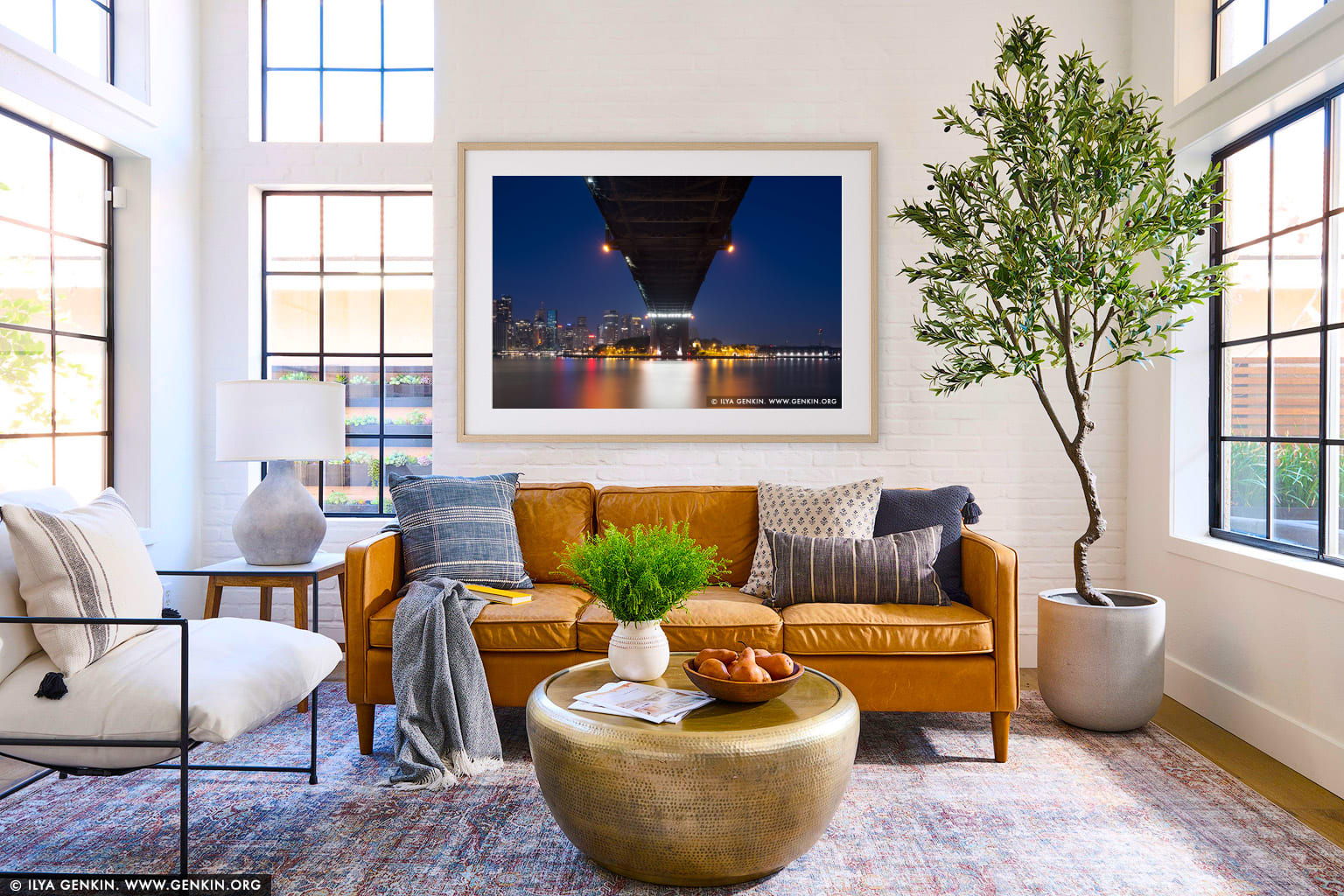 Under The Harbour Bridge at Night wall art in a luxury living room interior