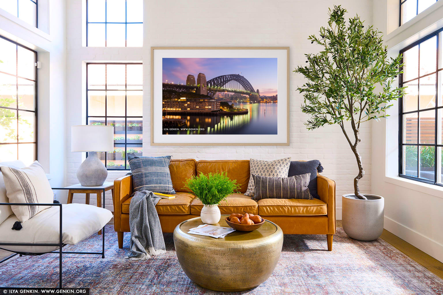 Sydney Harbour Bridge and The Park Hyatt Hotel at Dawn wall art in a modern living room interior