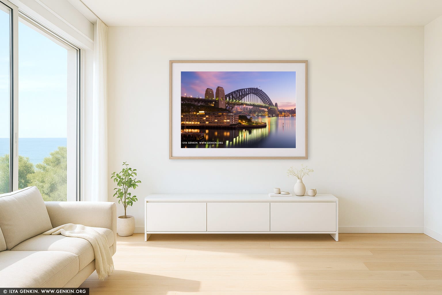 Sydney Harbour Bridge and The Park Hyatt Hotel at Dawn wall art in a modern living room interior