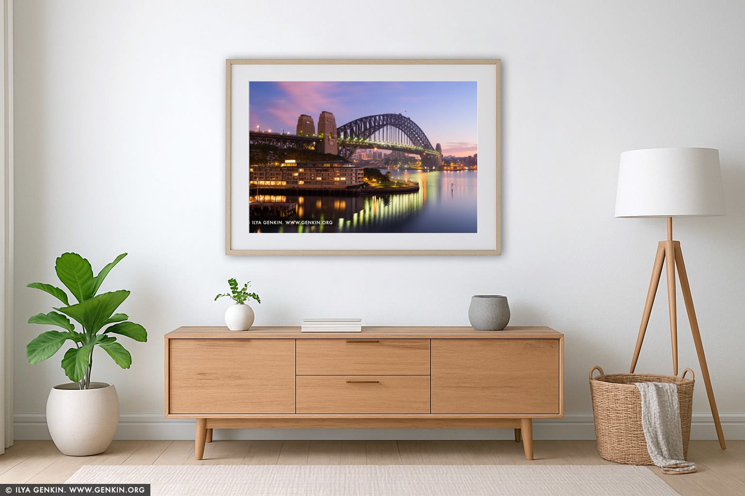 Sydney Harbour Bridge and The Park Hyatt Hotel at Dawn wall art in a contemporary living room interior