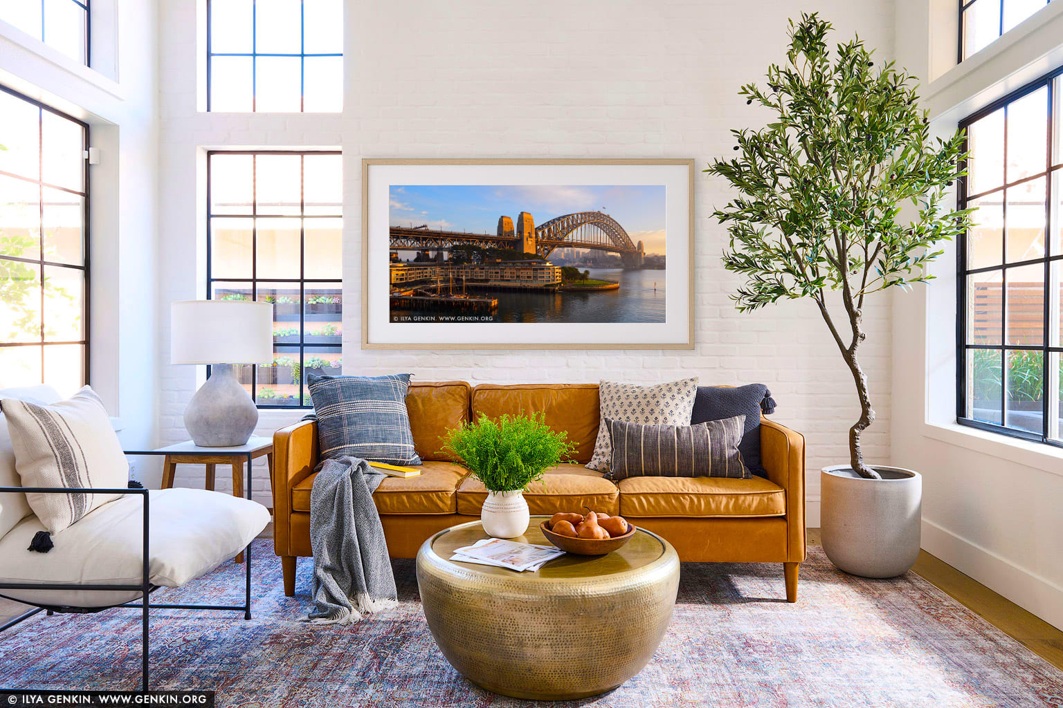 Sydney Harbour Bridge and The Park Hyatt Hotel on Early Morning wall art in a contemporary living room interior