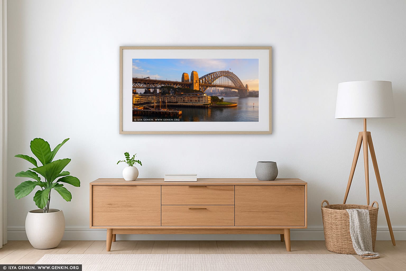 Sydney Harbour Bridge and The Park Hyatt Hotel on Early Morning wall art in a minimalist living room interior