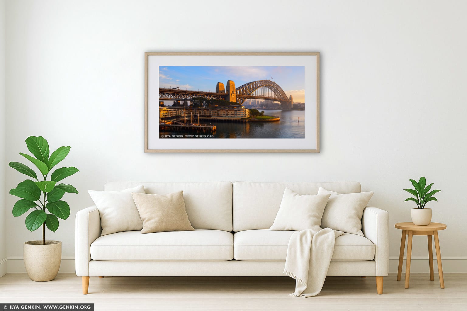 Sydney Harbour Bridge and The Park Hyatt Hotel on Early Morning wall art in a modern living room interior
