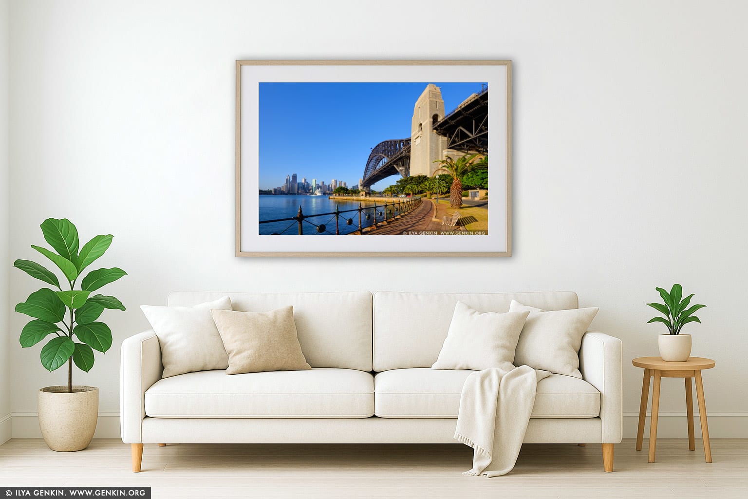 Morning at Sydney Harbour Bridge wall art in a minimalist living room interior