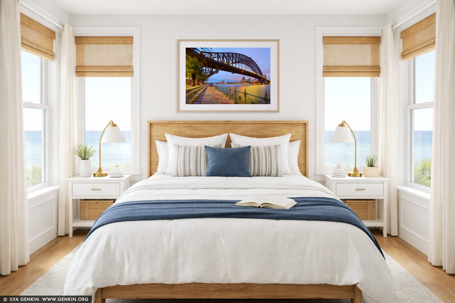 Sydney Opera House and Harbour Bridge wall art in a bedroom interior