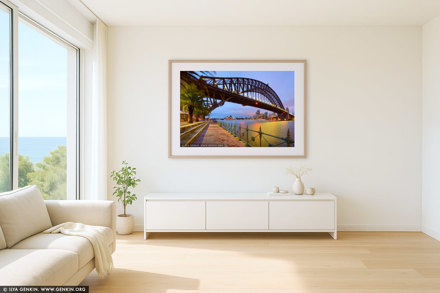 Sydney Opera House and Harbour Bridge wall art in a modern living room interior