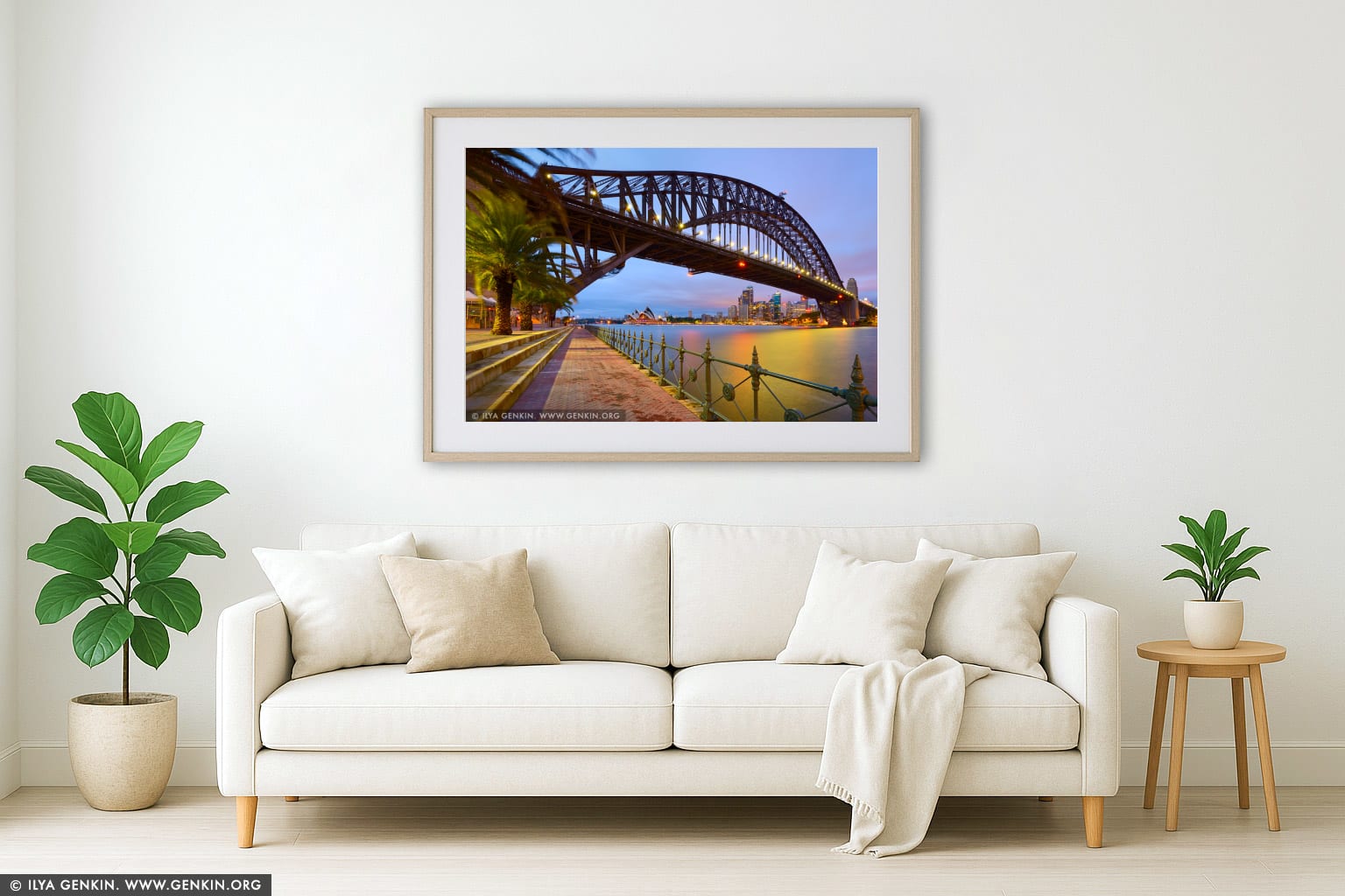 Sydney Opera House and Harbour Bridge wall art in a luxury living room interior