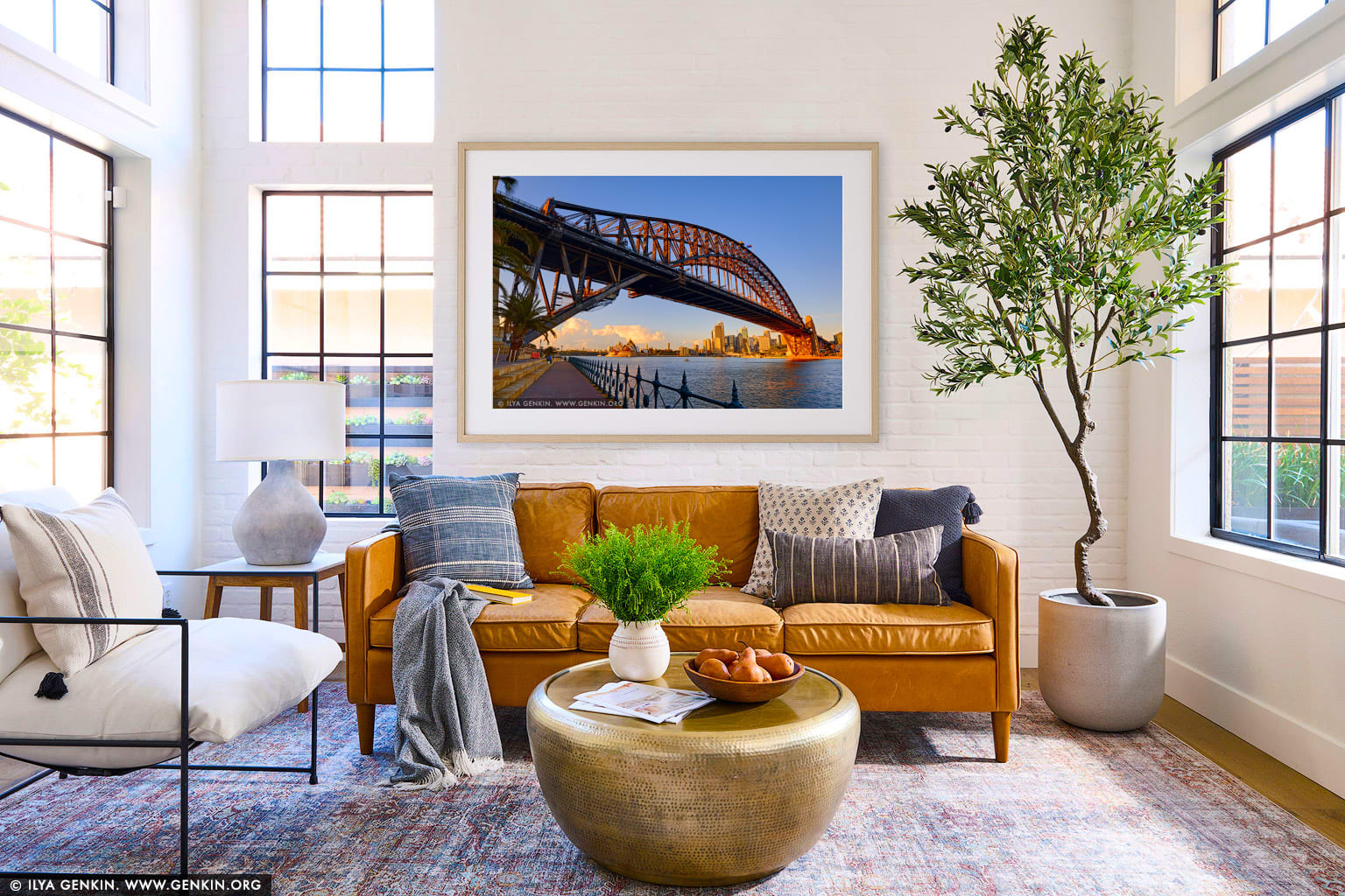 Harbour Bridge and Sydney Opera House at Sunrise wall art in a contemporary living room interior