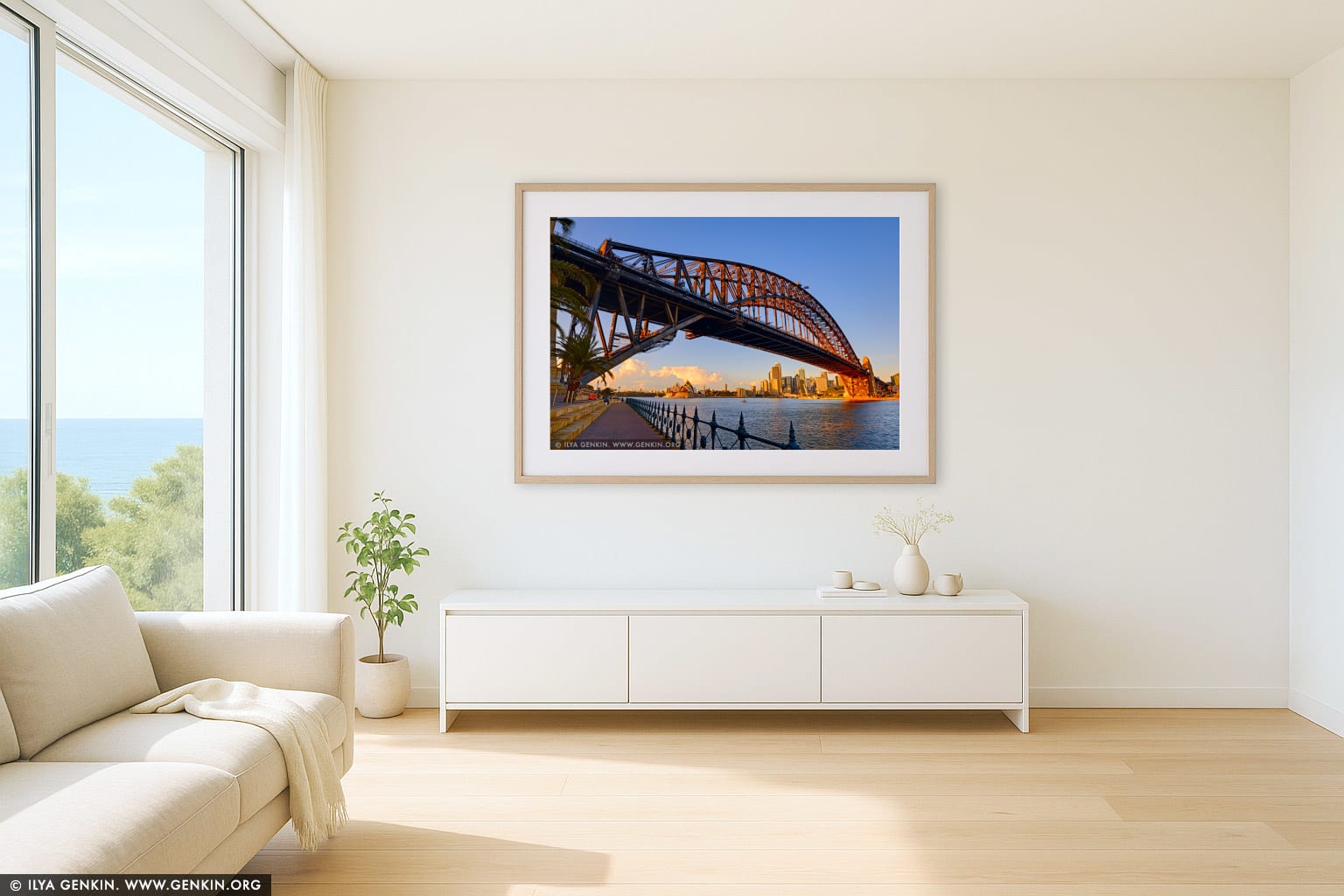 Harbour Bridge and Sydney Opera House at Sunrise wall art in a contemporary living room interior