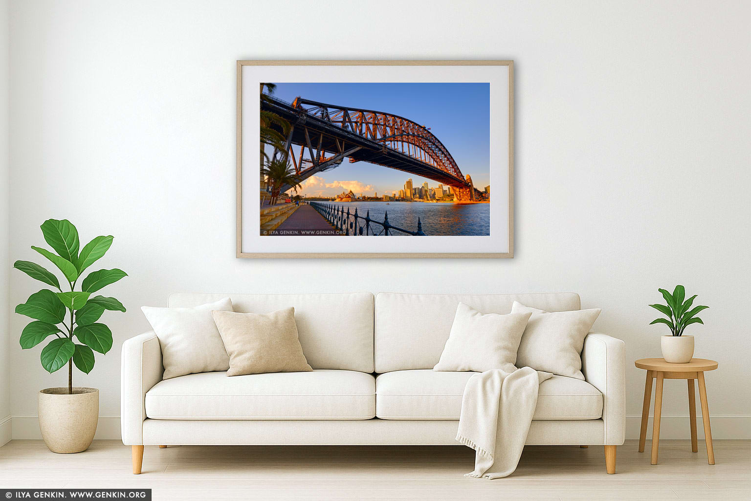 Harbour Bridge and Sydney Opera House at Sunrise wall art in a modern living room interior