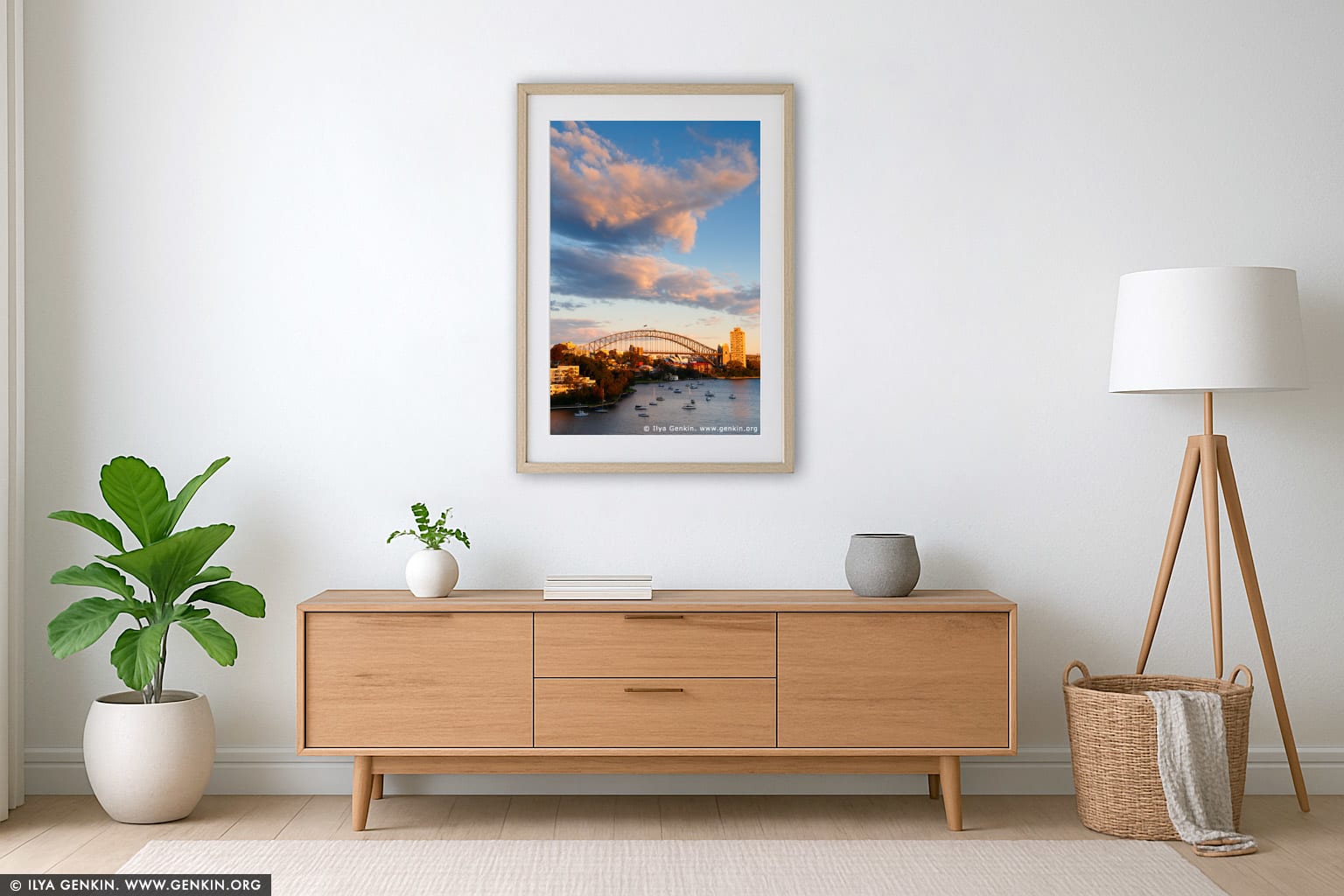 Sydney Harbour Bridge at Sunset wall art in a contemporary living room interior