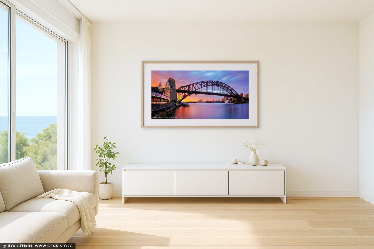 Panoramic Photo of Harbour Bridge and Sydney Opera House wall art in a minimalist living room interior