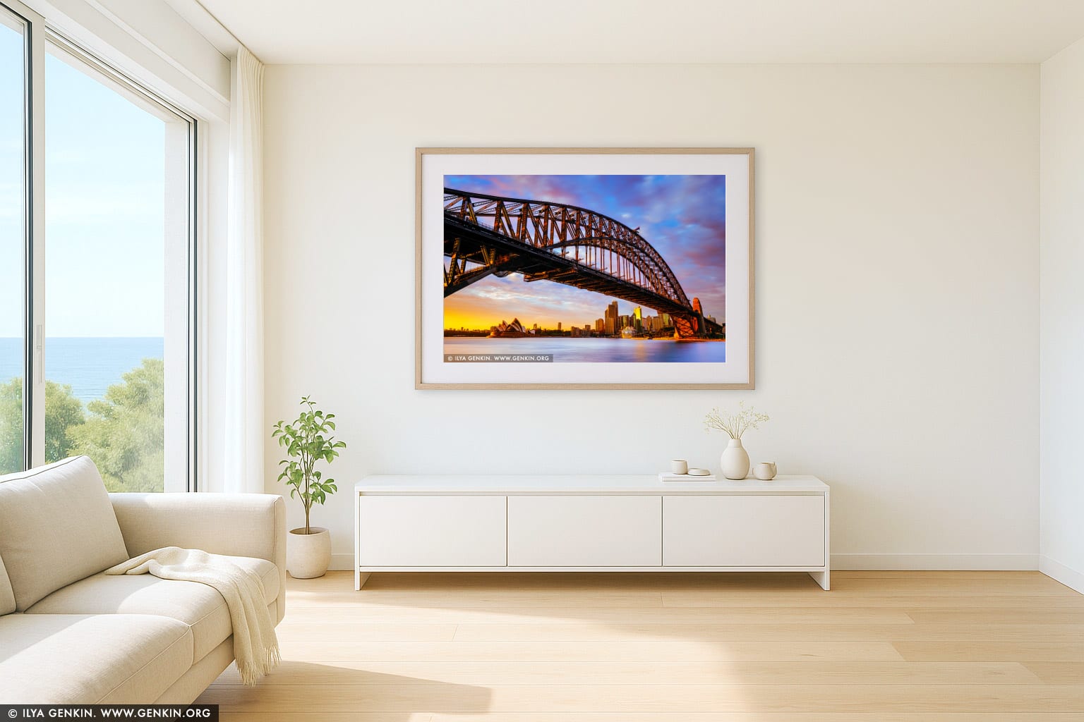 Sunrise at Harbour Bridge and Sydney Opera House wall art in a luxury living room interior