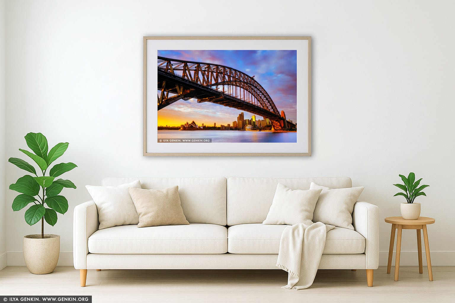 Sunrise at Harbour Bridge and Sydney Opera House wall art in a minimalist living room interior