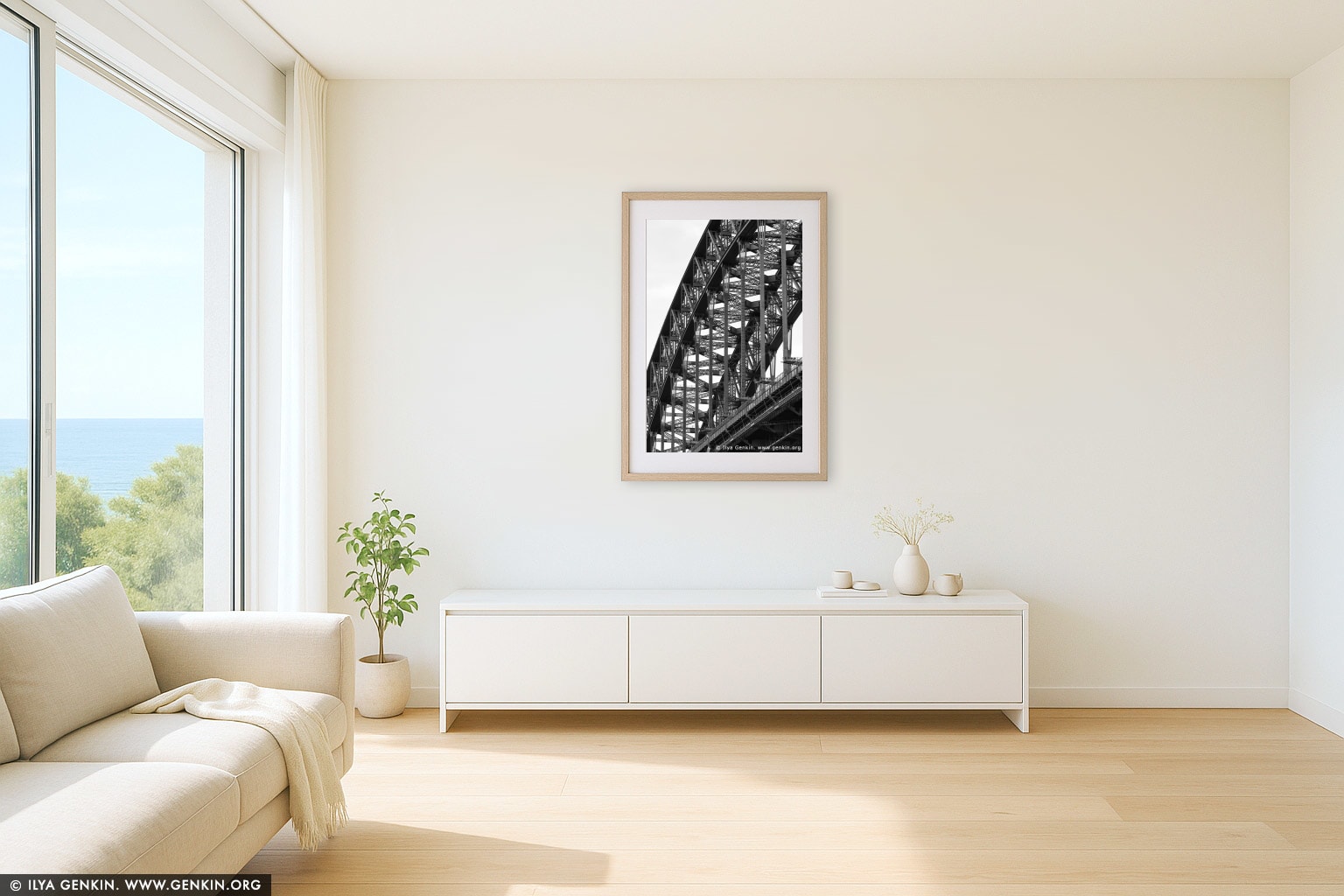Sydney Harbour Bridge Details in Black and White wall art in a minimalist living room interior