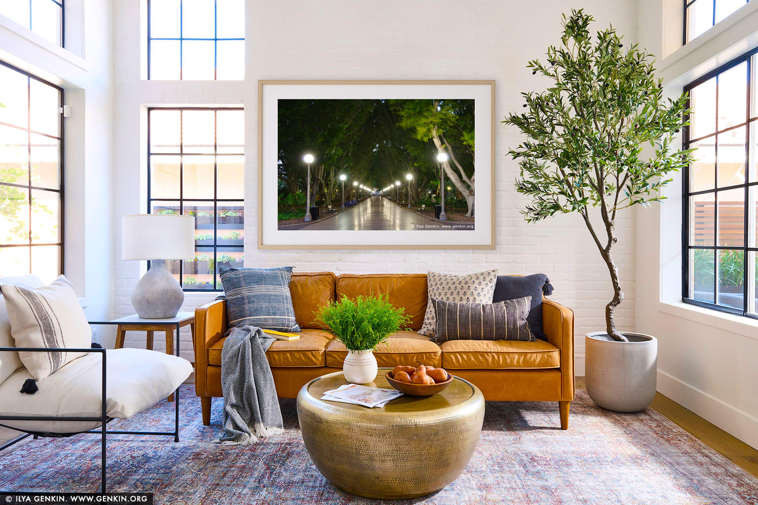Avenue of Fig Trees in Hyde Park wall art in a minimalist living room interior