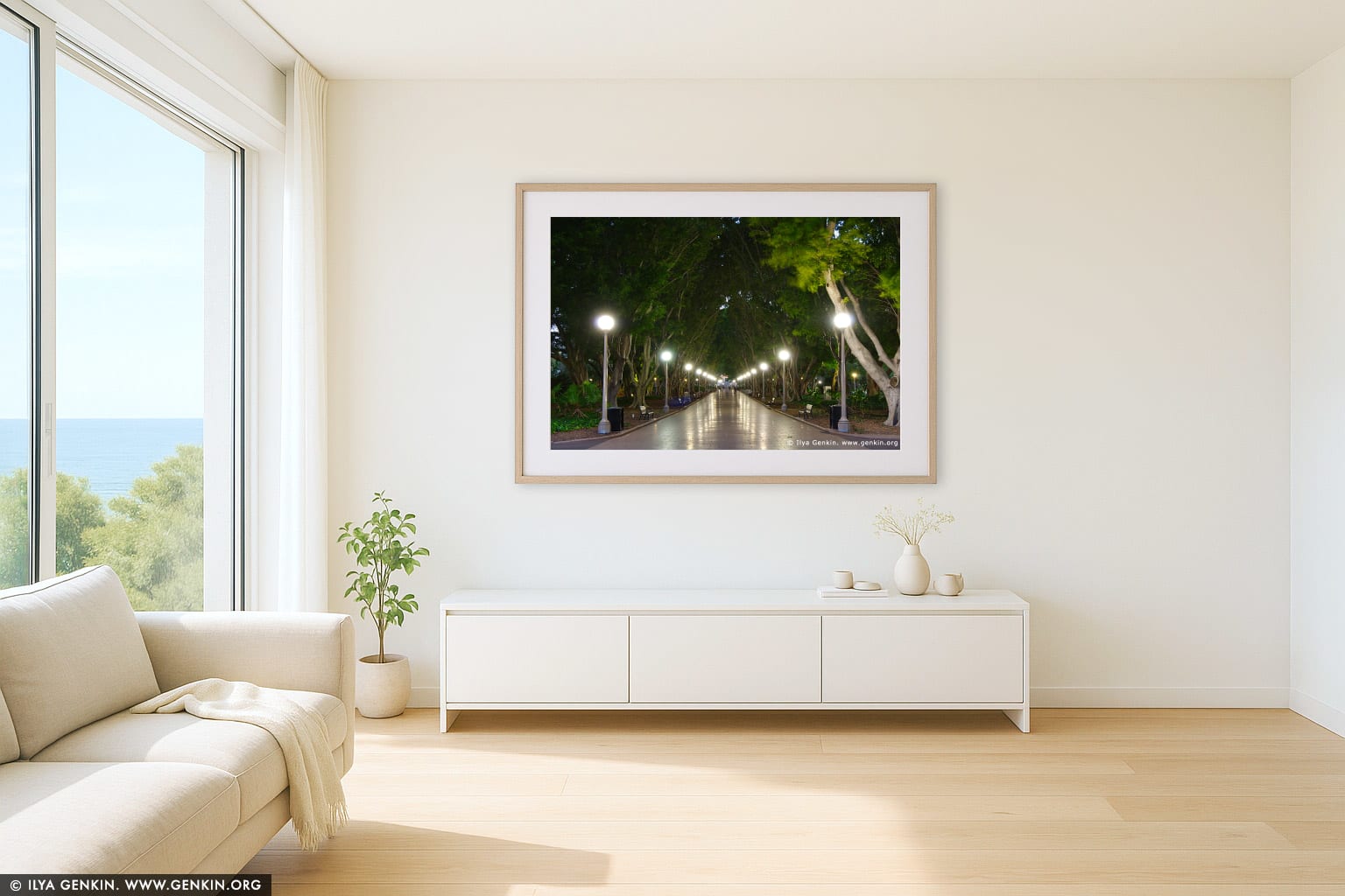 Avenue of Fig Trees in Hyde Park wall art in a minimalist living room interior
