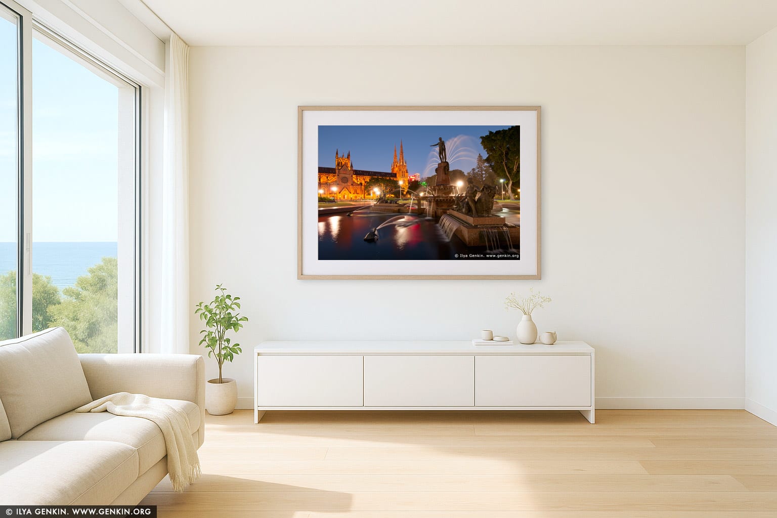 Archibald Fountain at Night wall art in a luxury living room interior