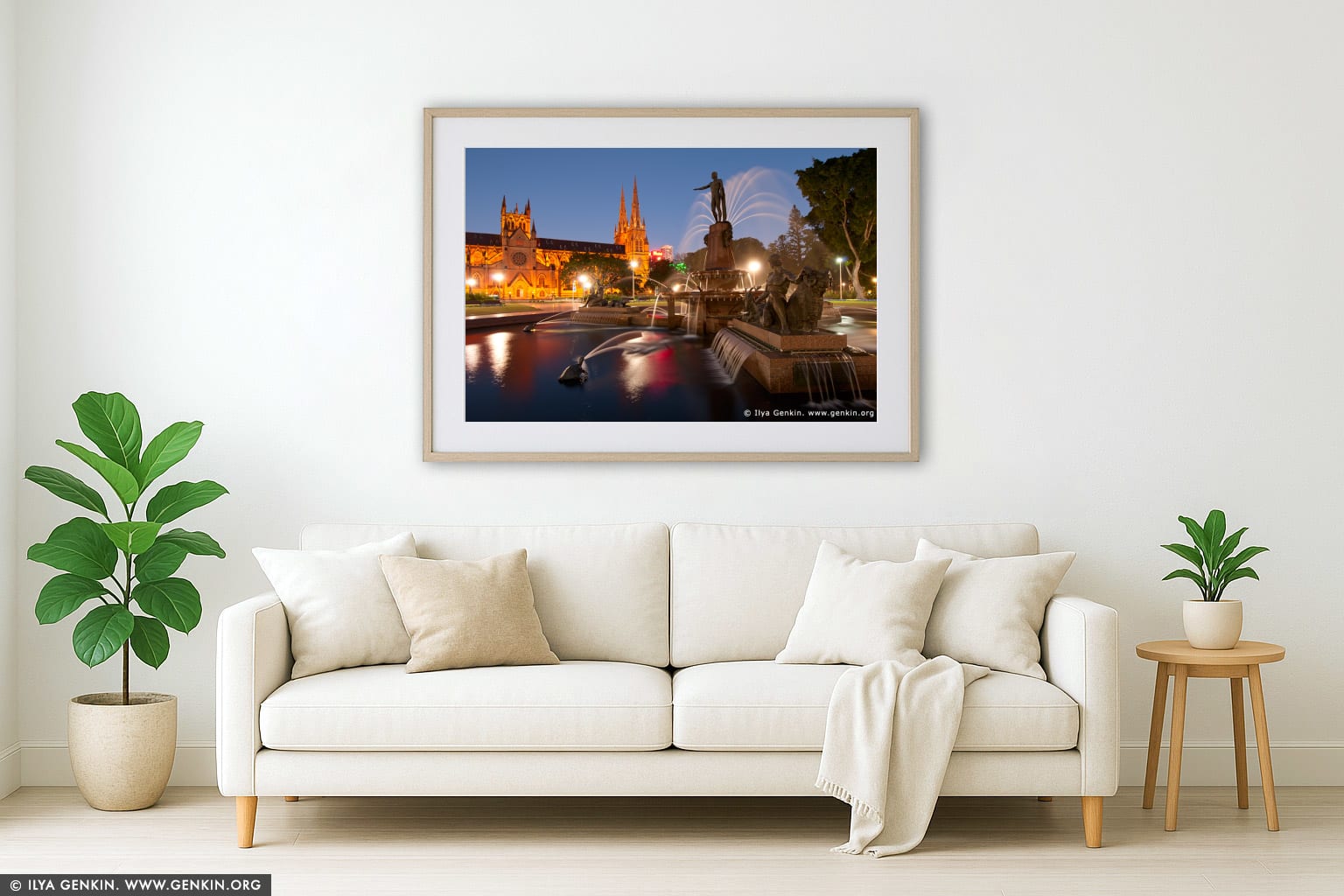 Archibald Fountain at Night wall art in a minimalist living room interior
