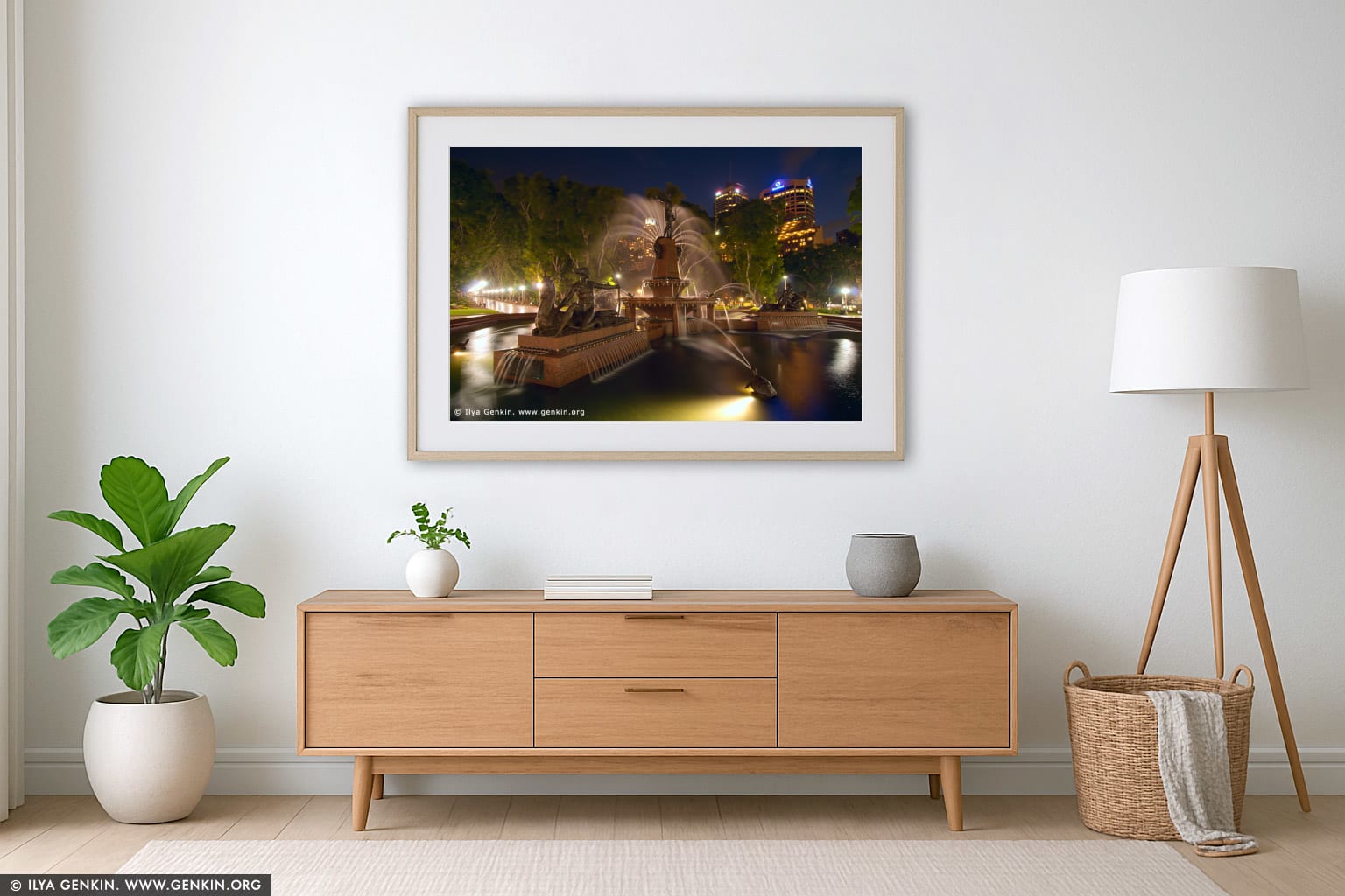 Archibald Fountain after Sunset wall art in a minimalist living room interior