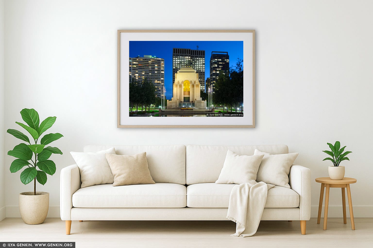 ANZAC War Memorial at Night wall art in a contemporary living room interior