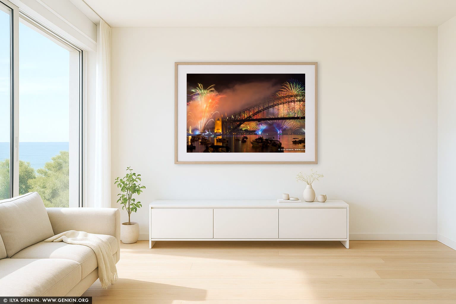 Fireworks at The Royal Australian Navy International Fleet Review wall art in a minimalist living room interior