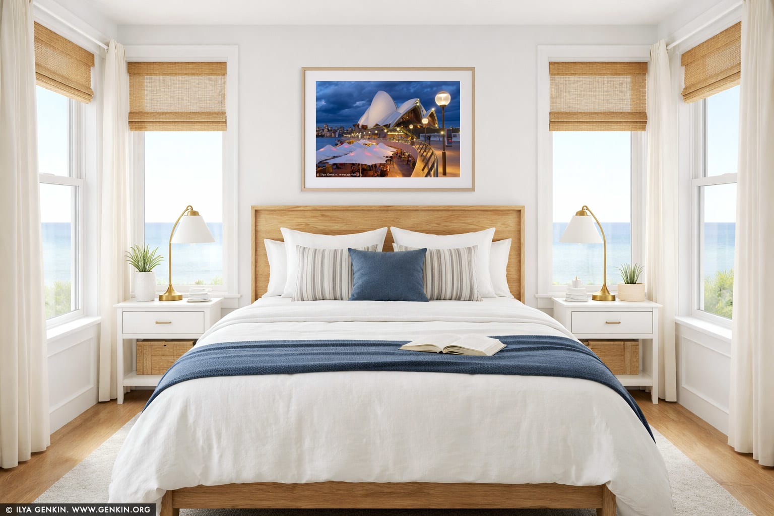 Friday Evening at Sydney Opera House wall art in a bedroom interior