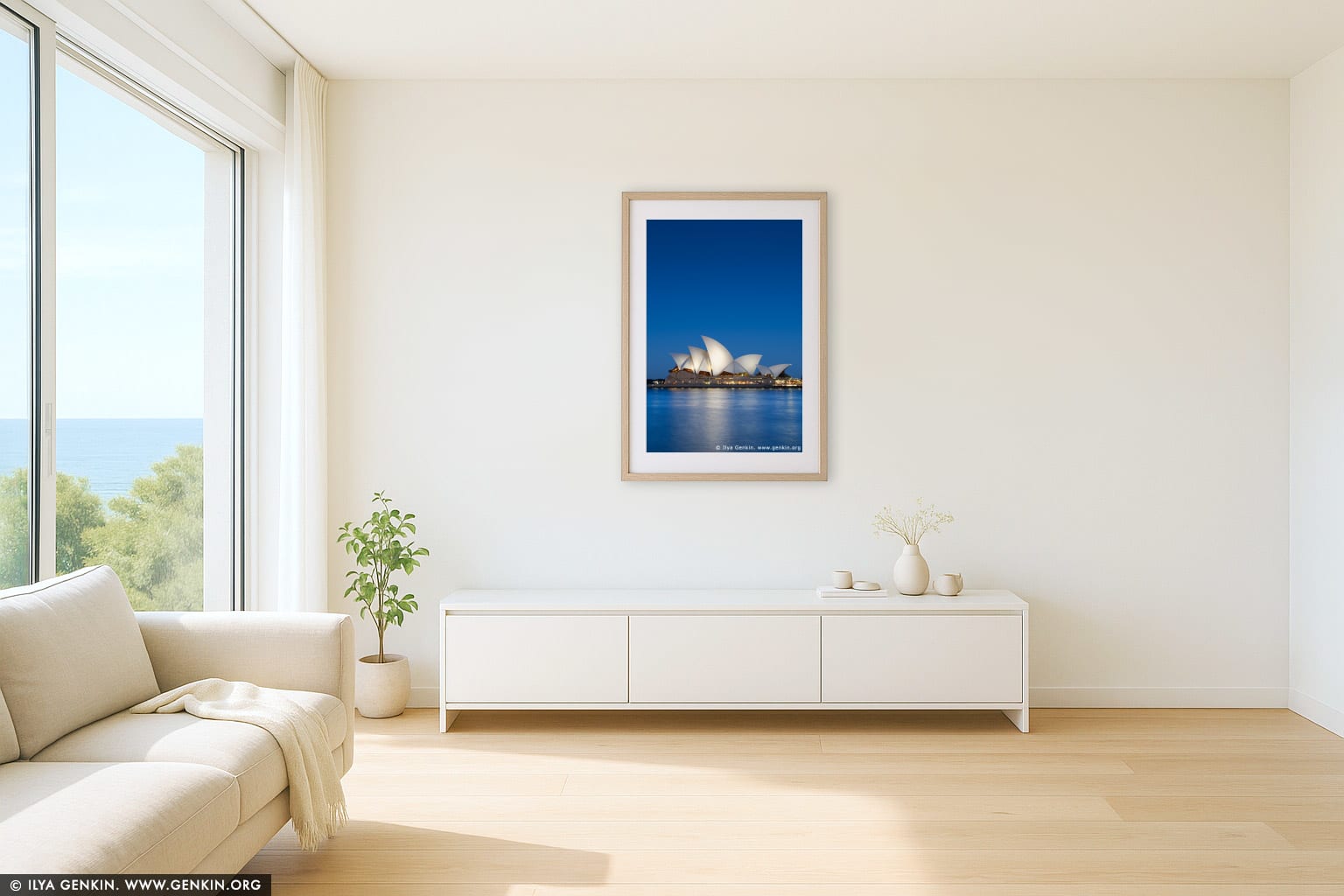 Sydney Opera House at Night wall art in a contemporary living room interior
