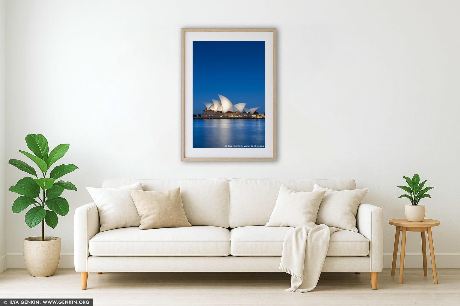 Sydney Opera House at Night wall art in a modern living room interior
