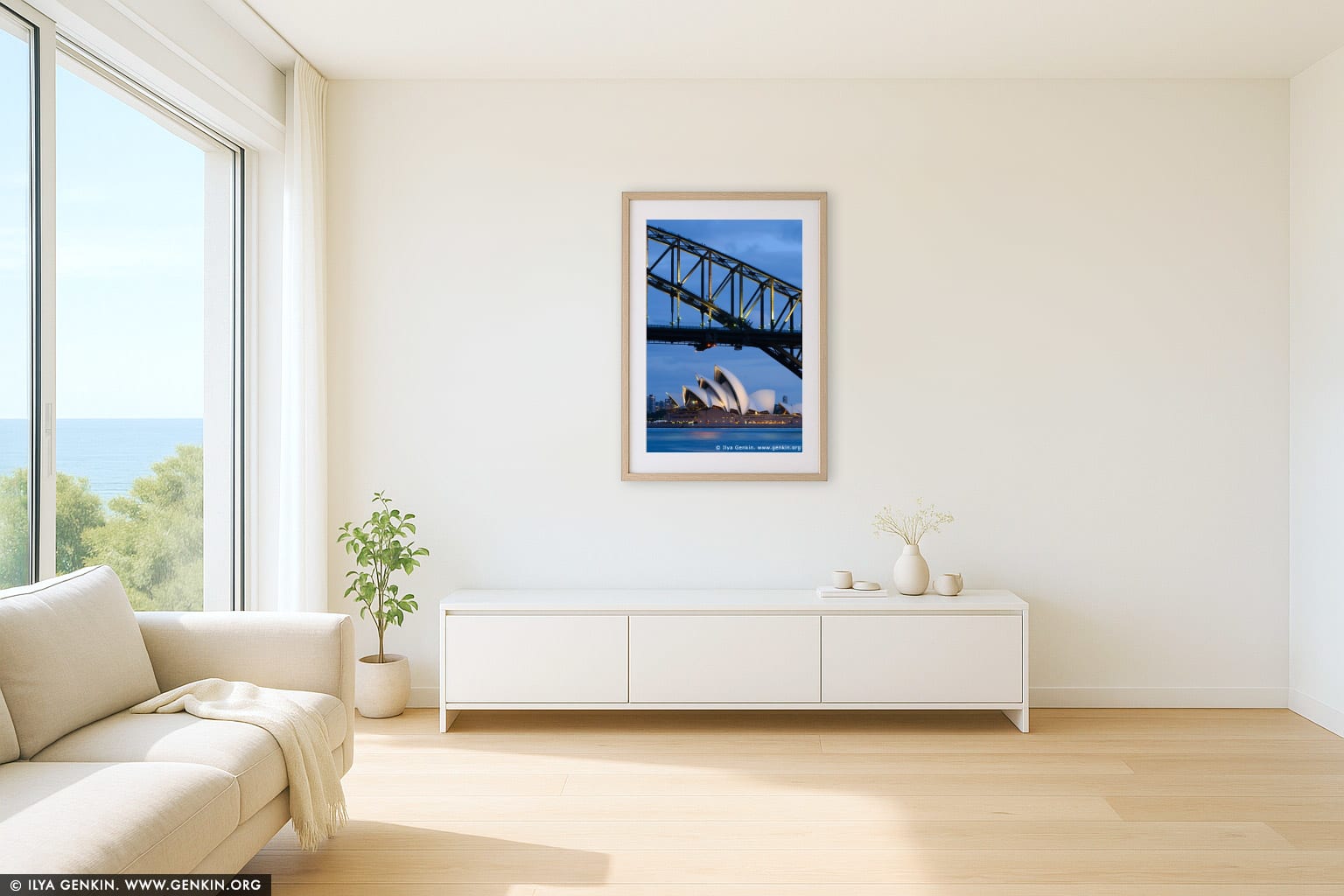 Sydney Opera House and Harbour Bridge at Night wall art in a minimalist living room interior