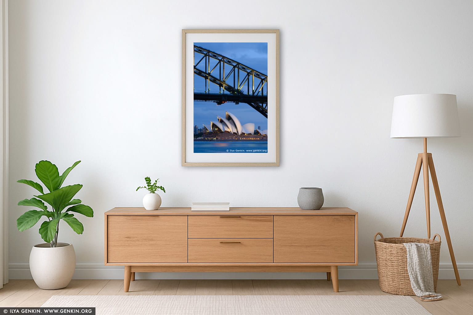 Sydney Opera House and Harbour Bridge at Night wall art in a luxury living room interior