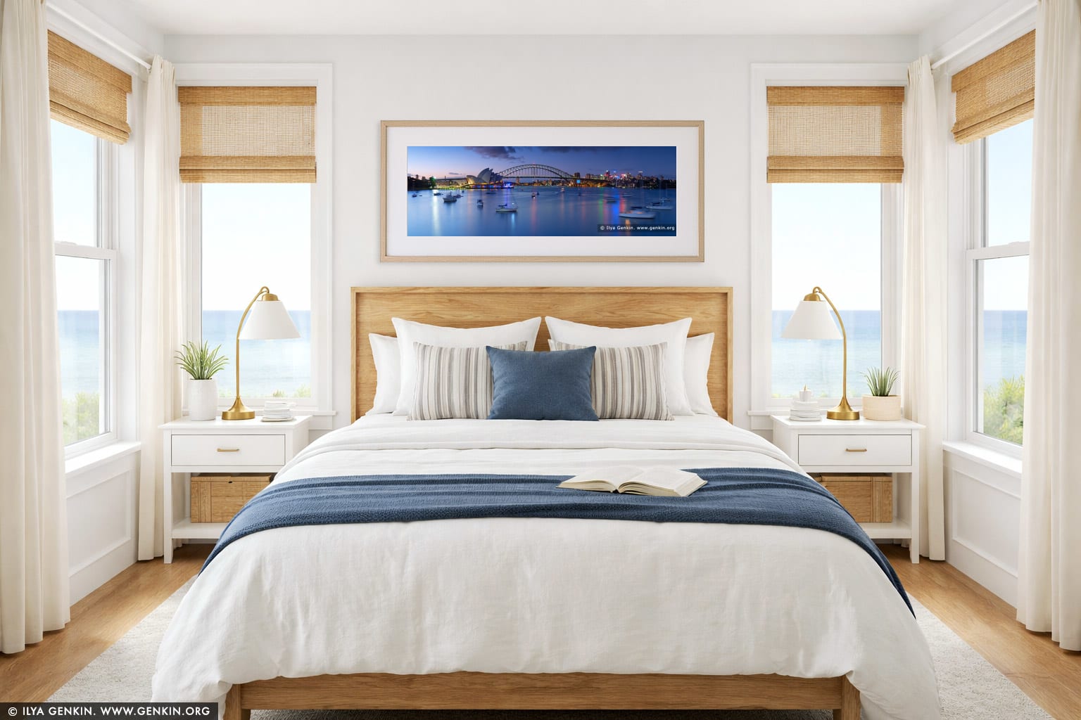 Sydney Opera House and Harbour Bridge at Sunset wall art in a bedroom interior