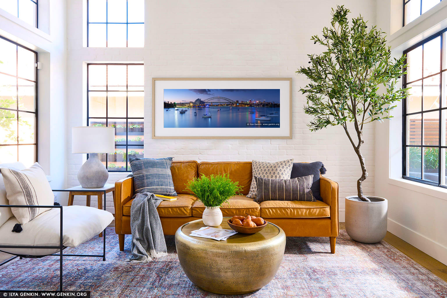 Sydney Opera House and Harbour Bridge at Sunset wall art in a contemporary living room interior