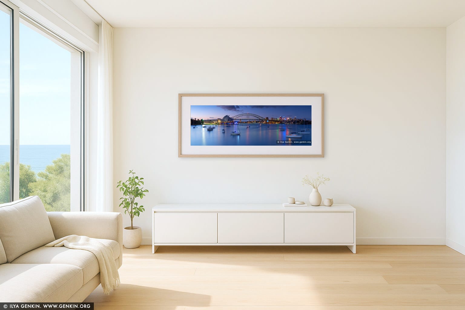 Sydney Opera House and Harbour Bridge at Sunset wall art in a contemporary living room interior