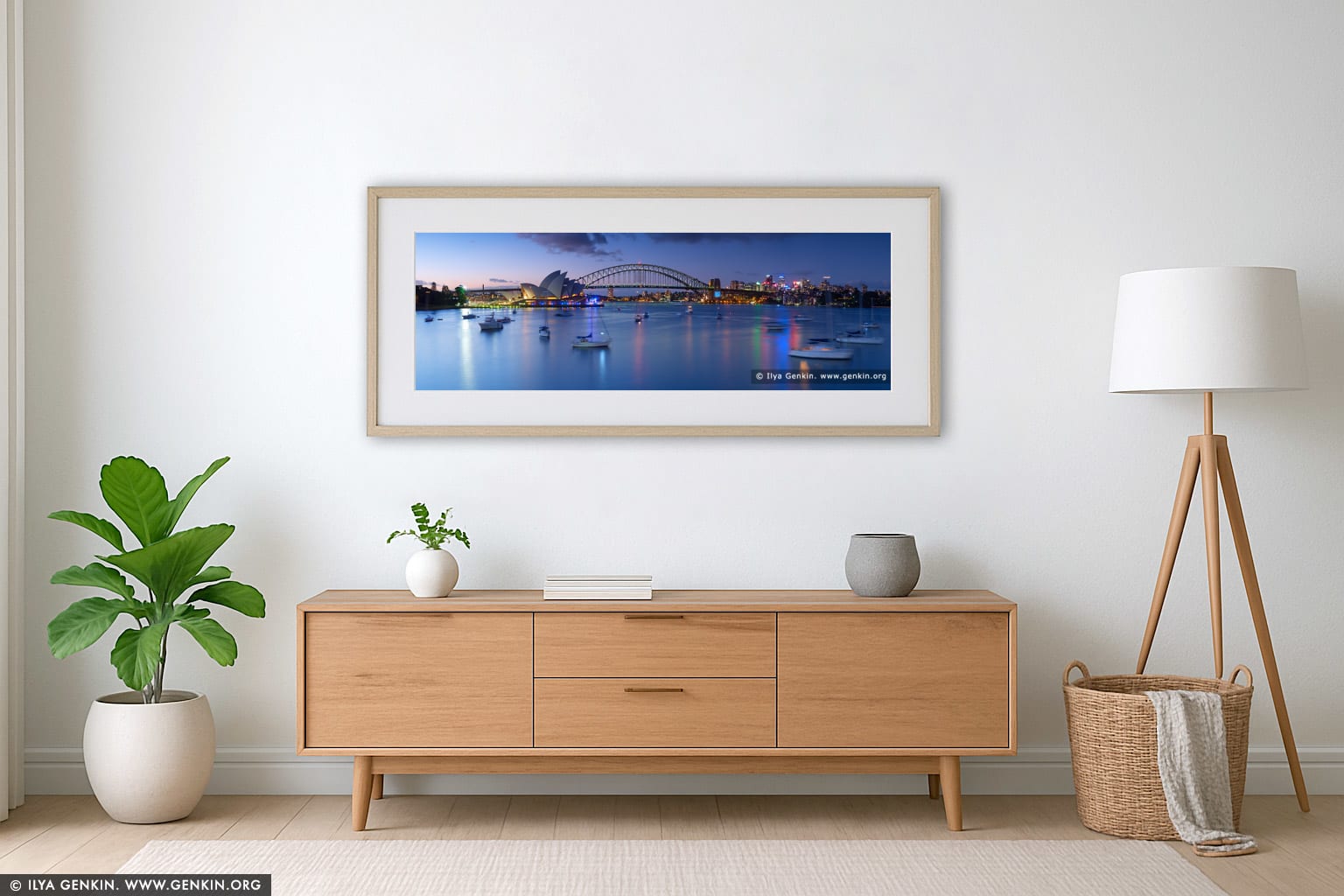 Sydney Opera House and Harbour Bridge at Sunset wall art in a minimalist living room interior