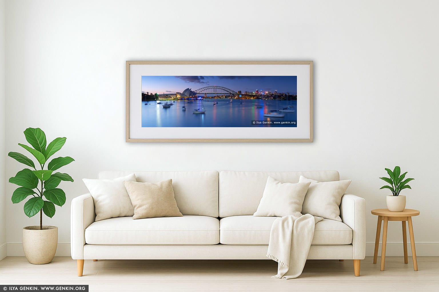 Sydney Opera House and Harbour Bridge at Sunset wall art in a modern living room interior