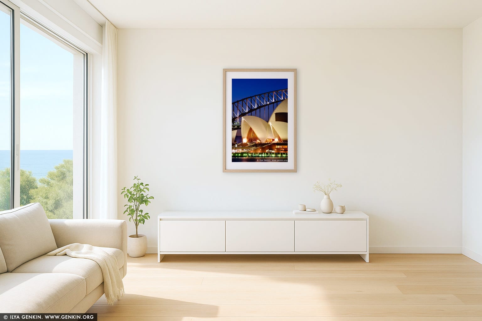Sydney Opera House and Harbour Bridge At Dusk wall art in a minimalist living room interior