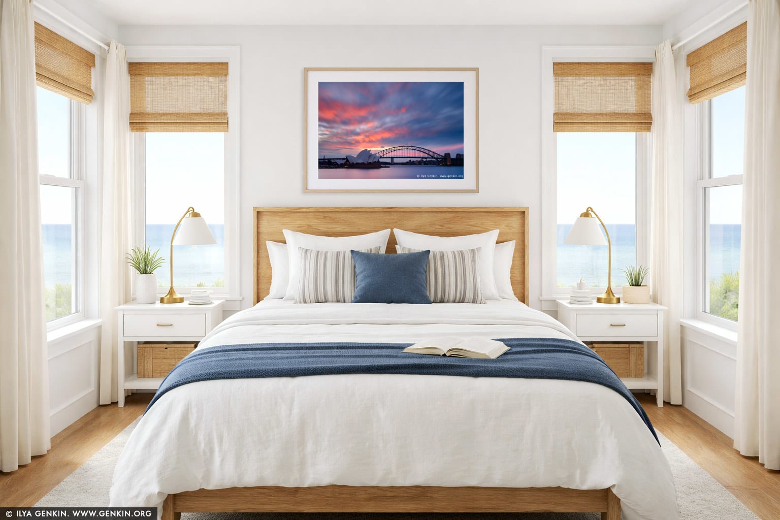 Sydney Opera House and Harbour Bridge at Sunset wall art in a bedroom interior